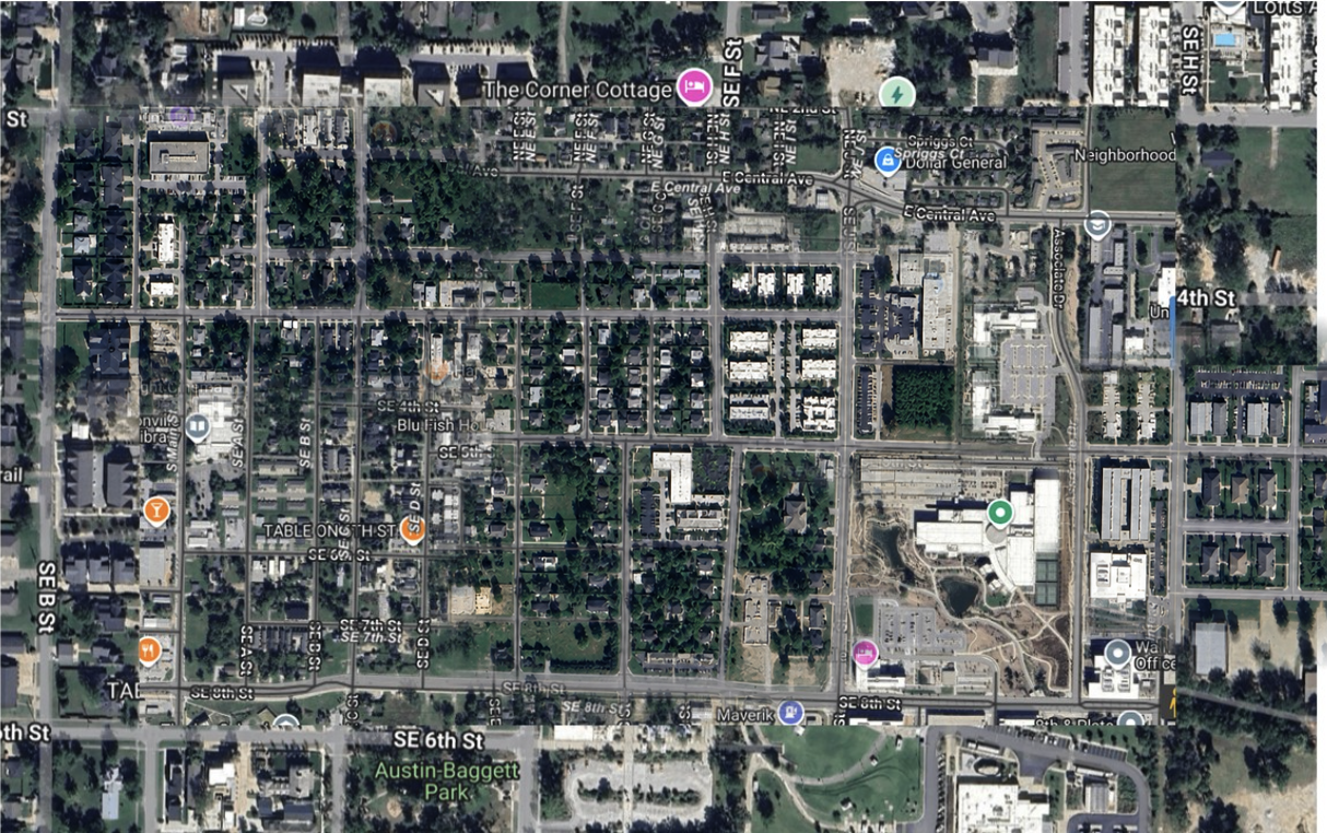 Aerial map of downtown Bentonville showing the F Street property site relative to the square, The Momentary, and the new Walmart campus
